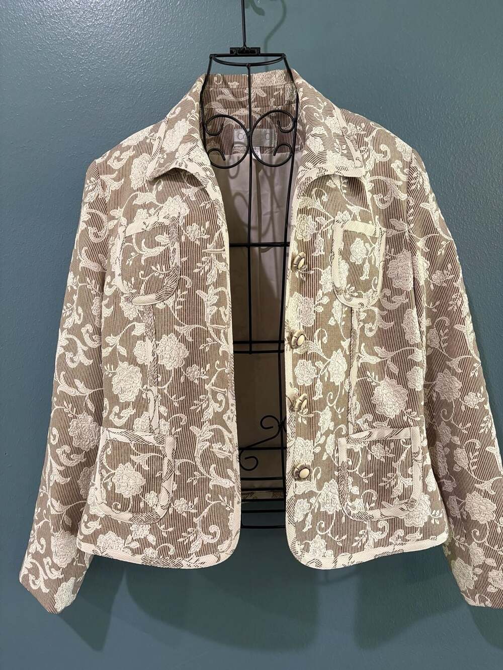 Conrad C Collection Blazer Size 10 Beige White Floral Tapestry Jacket